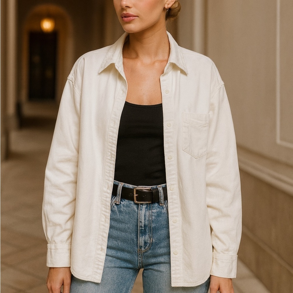 We What Wear White Denim Boyfriend Shirt Rigid Denim, New with tags